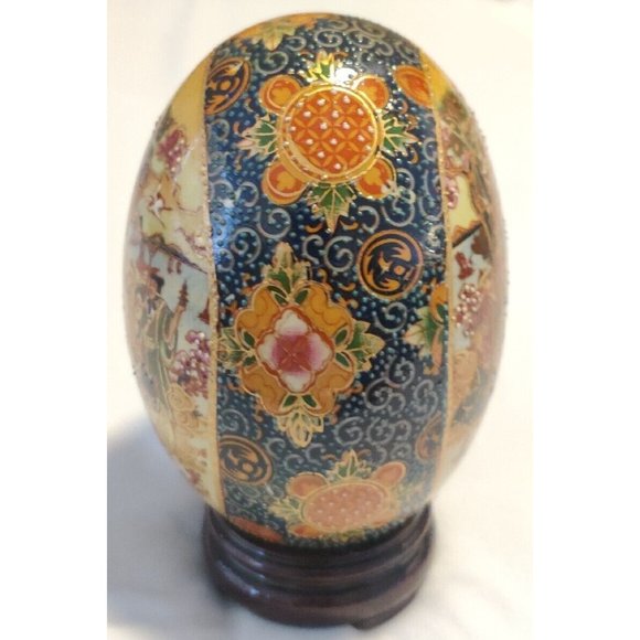 Vintage Chinese Ceramic Eggs Large 5x3" Festive Hand Painted W/ Wooden Pedestal - Picture 4 of 16